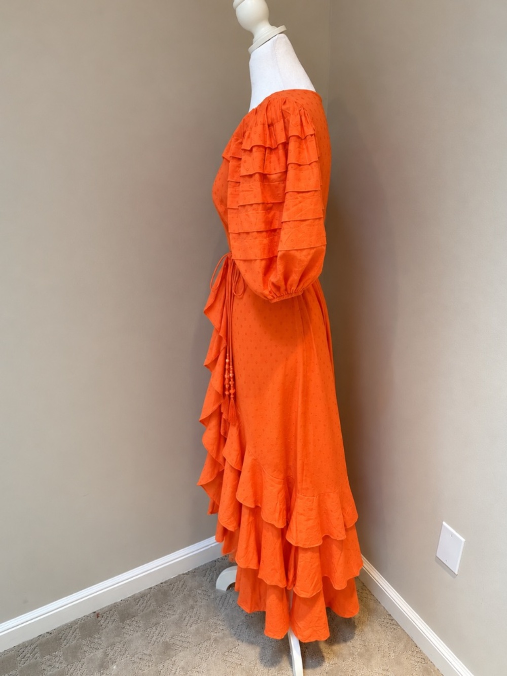 NWT FARM Rio Orange Ruffles Midi Dress XXS Wrap Swiss Dot - Picture 7 of 11